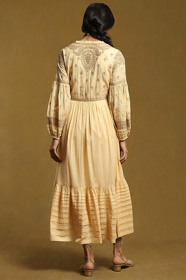Beige Cotton Embroidered Tiered Summer Dress by Ritu Kumar at Pernia's Pop Up Shop