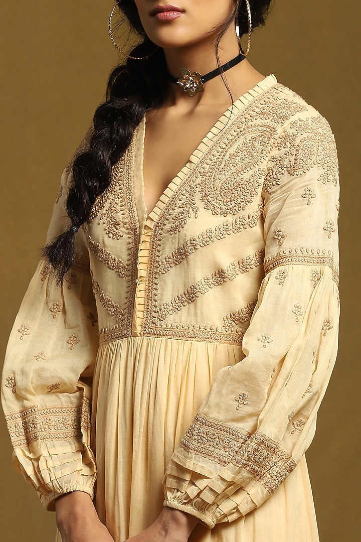 Beige Cotton Embroidered Tiered Summer Dress by Ritu Kumar at Pernia's Pop Up Shop