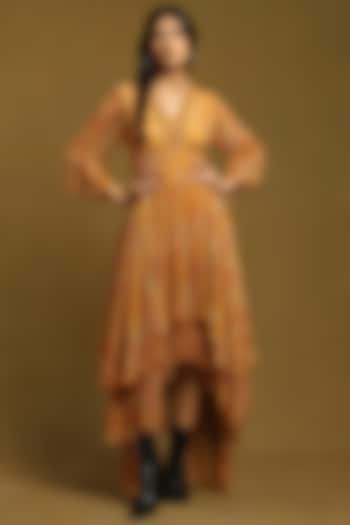Rust Viscose Chiffon Printed Asymmetric Dress by Ritu Kumar