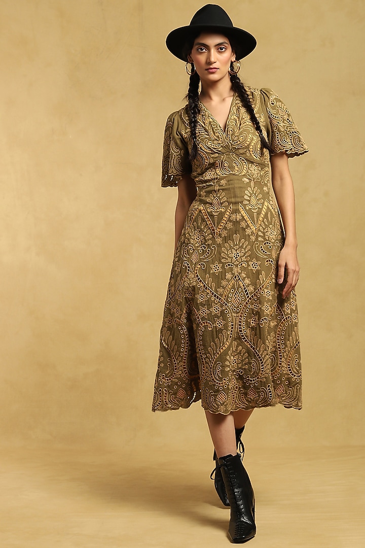 Olive Cotton Embroidered Midi Dress by Ritu Kumar