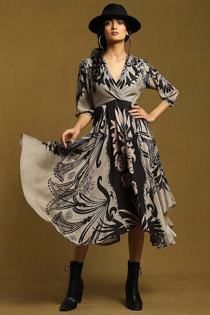 Grey Viscose Bemberg Printed Midi Dress by Ritu Kumar