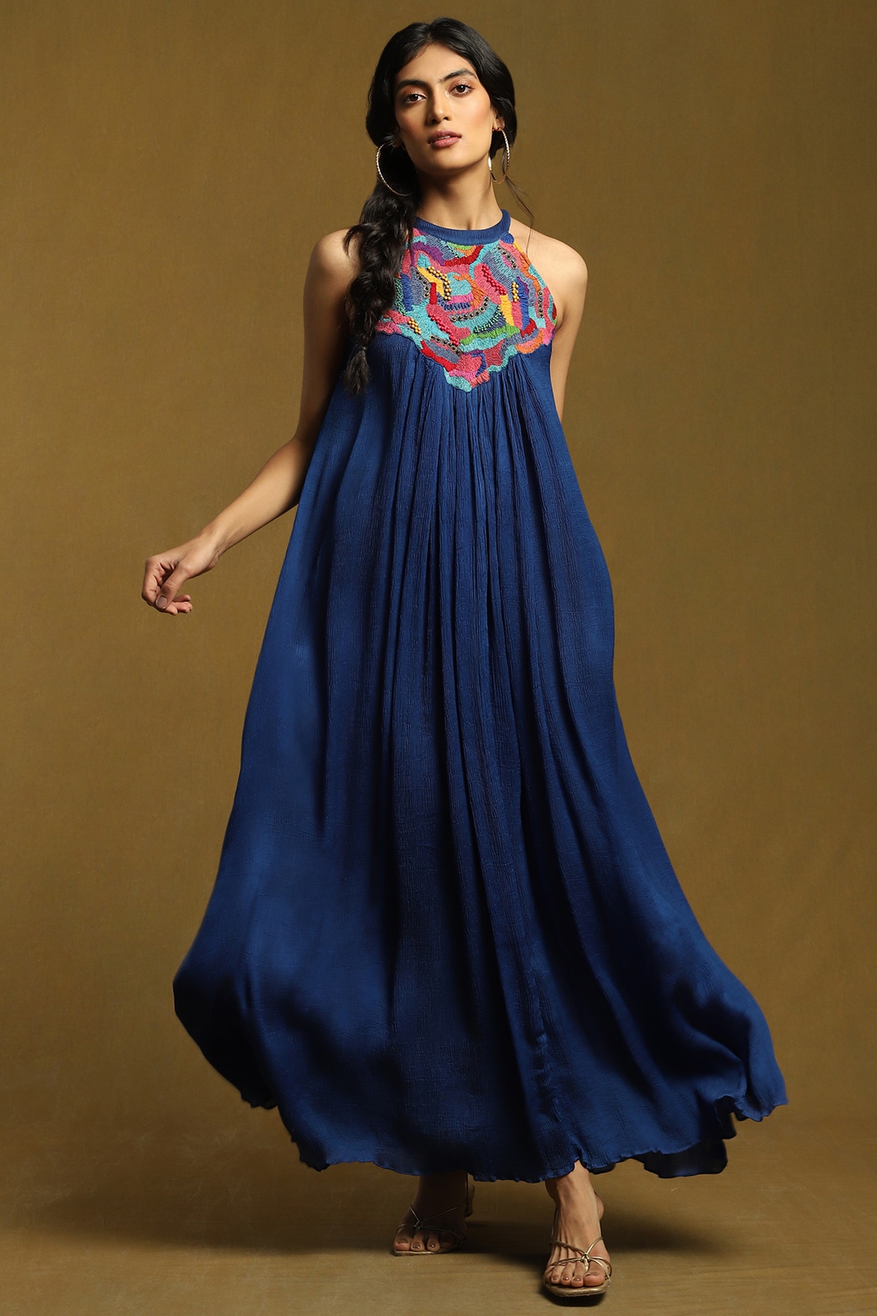Blue Crimp Satin Embroidered Dress Design by Ritu Kumar at ...