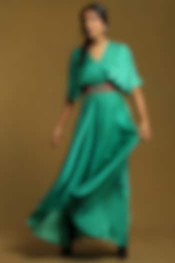 Green Dehri Satin Embroidered Dress by Ritu Kumar