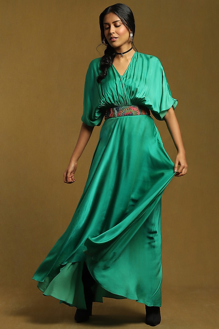 Green Dehri Satin Embroidered Dress by Ritu Kumar