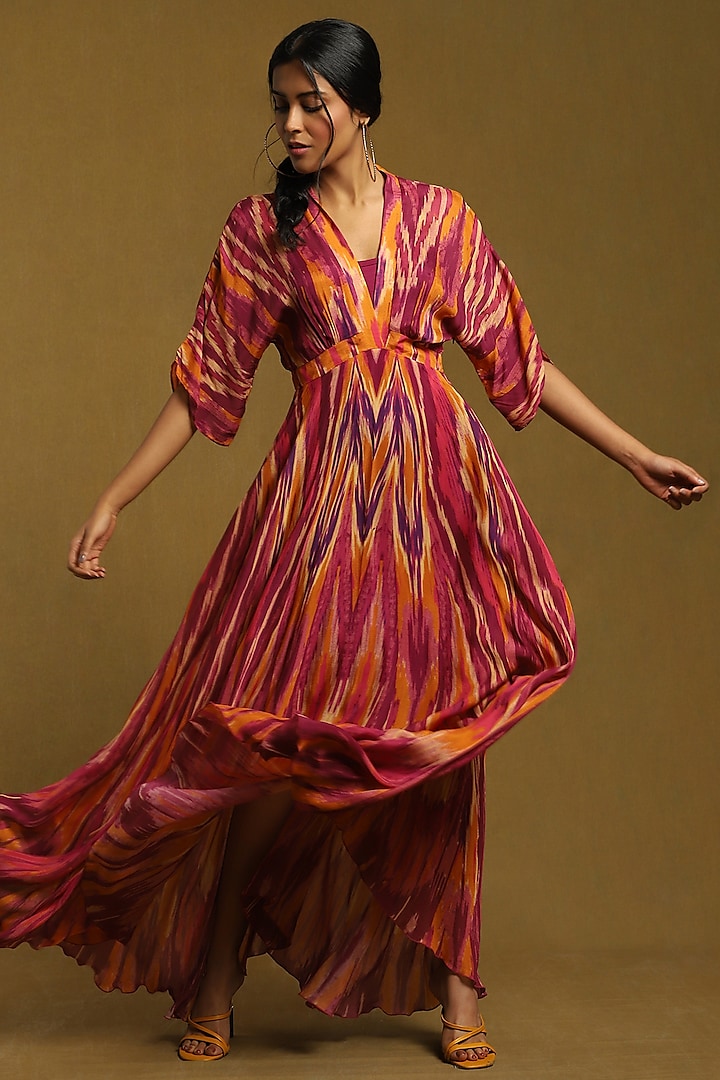 Purple Viscose Chinon Ikat Printed Dress by Ritu Kumar