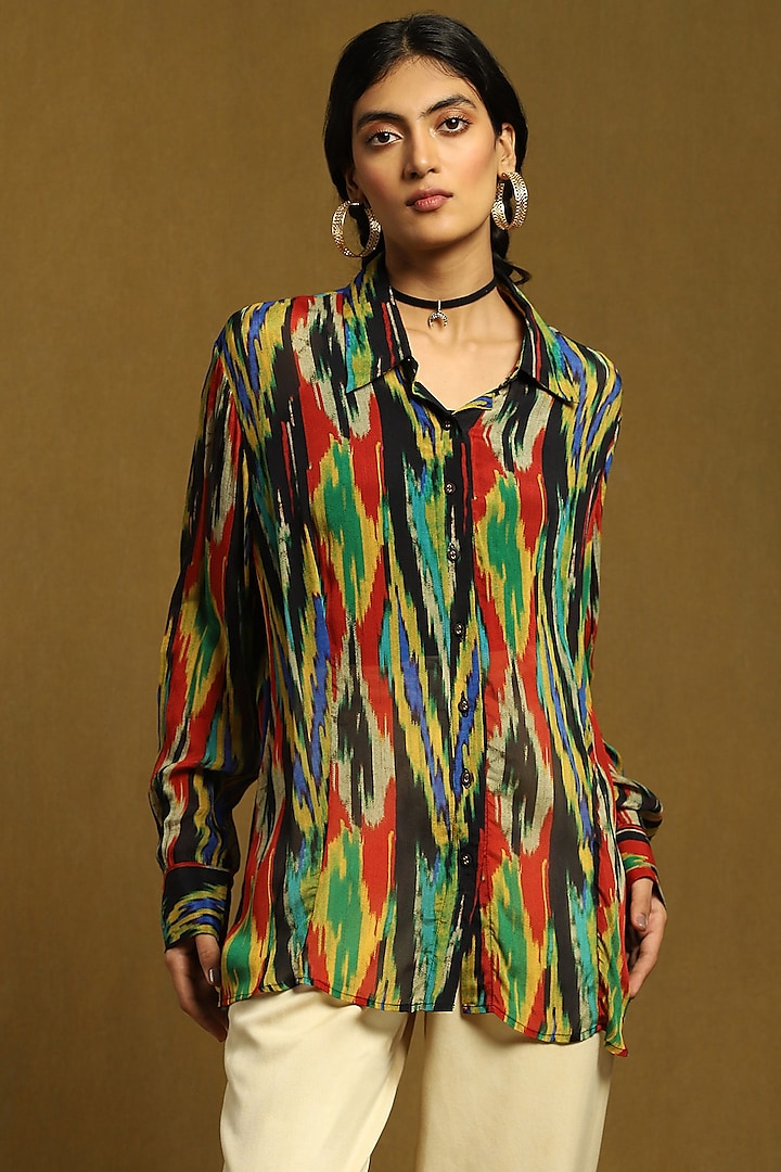 Black Viscose Chinon Ikat Printed Shirt by Ritu Kumar at Pernia's Pop Up Shop