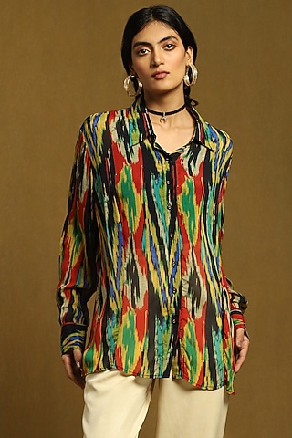 Black Viscose Chinon Ikat Printed Shirt by Ritu Kumar
