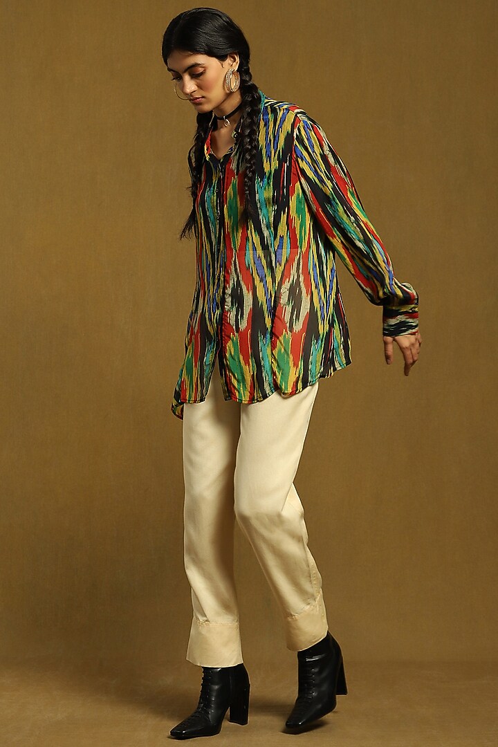 Black Viscose Chinon Ikat Printed Shirt by Ritu Kumar at Pernia's Pop Up Shop
