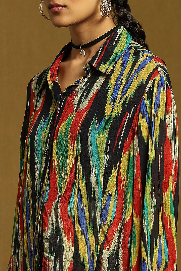 Black Viscose Chinon Ikat Printed Shirt by Ritu Kumar at Pernia's Pop Up Shop