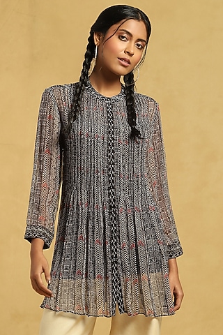 Black Viscose Chinon Printed Shirt by Ritu Kumar