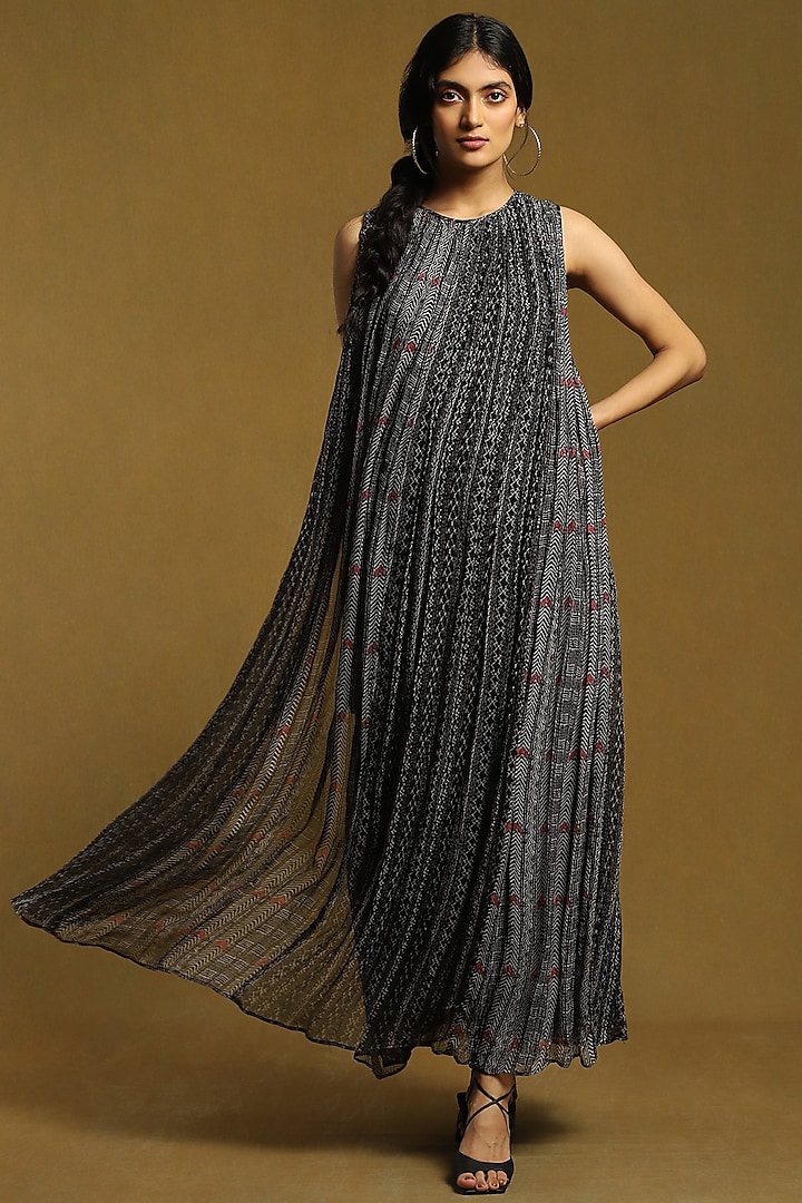 Black Viscose Chiffon Printed Layered Dress by Ritu Kumar