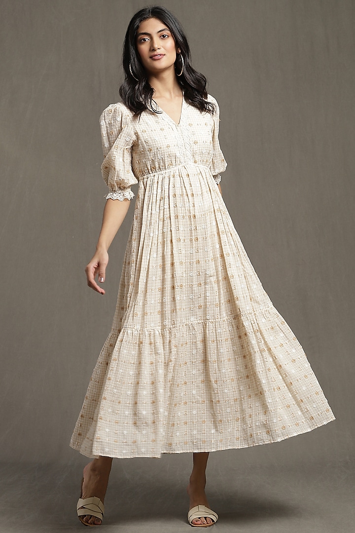 Beige Tiered Maxi Dress by Ritu Kumar