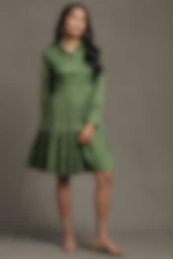 Green Cotton Satin Shirt Dress by Ritu Kumar
