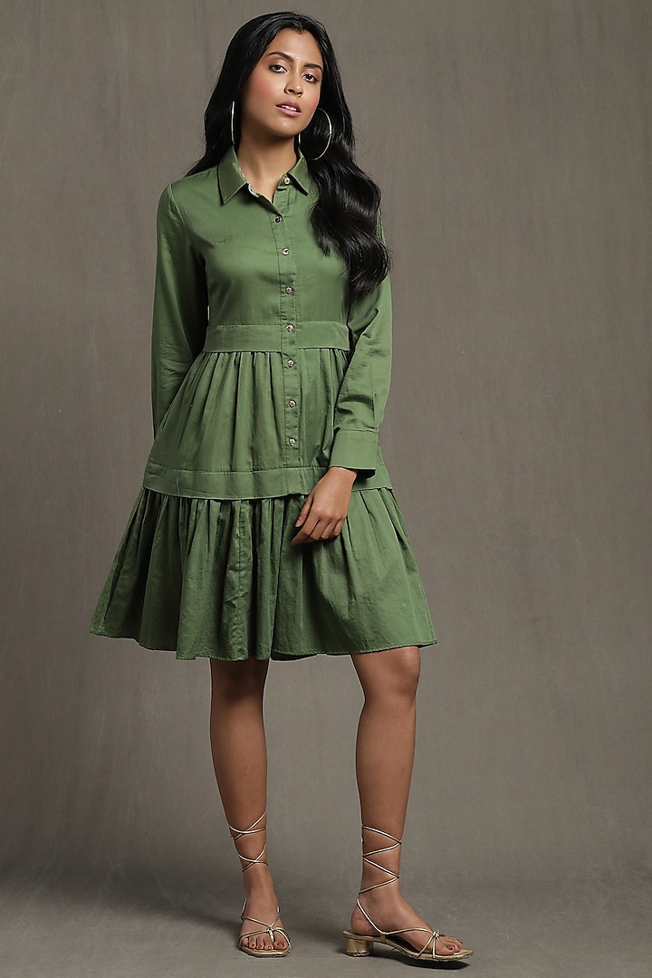 Green Cotton Satin Shirt Dress by Ritu Kumar