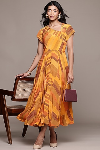 Rust Viscose Printed Maxi Dress by Ritu Kumar