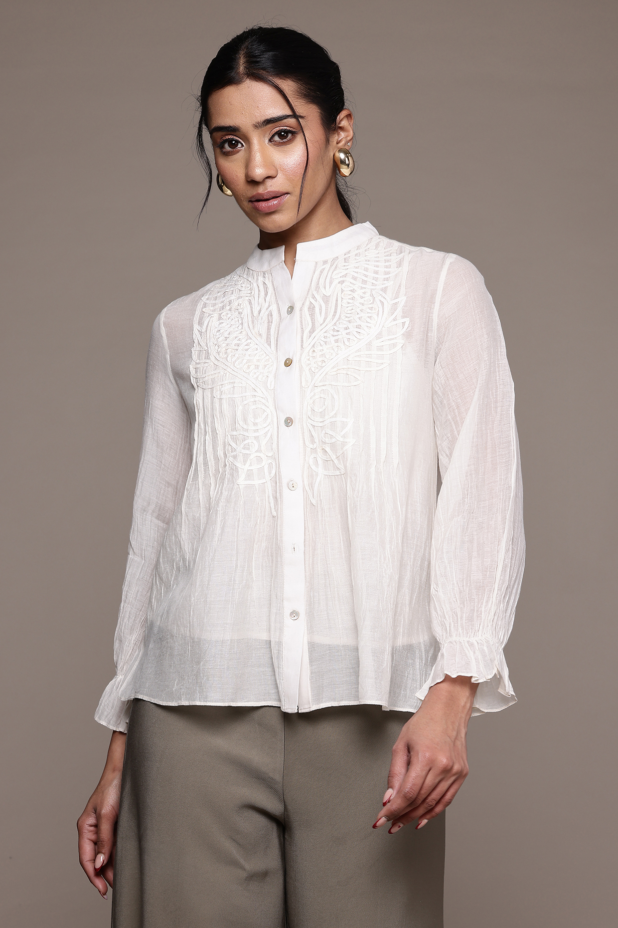 Ecru Cotton & Silk Shirt by Ritu Kumar at Pernia's Pop Up Shop
