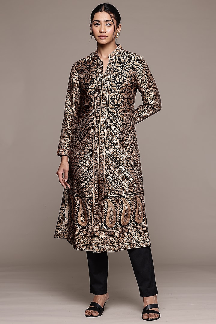 Black & Beige Murshidabad Silk Floral Kurta Set by Ritu Kumar at Pernia's Pop Up Shop