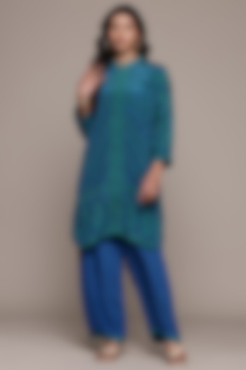 Royal Blue & Turquoise Viscose Floral Kurta by Ritu Kumar at Pernia's Pop Up Shop