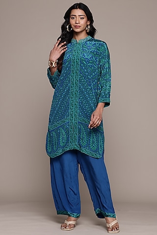 Royal Blue & Turquoise Viscose Floral Kurta by Ritu Kumar