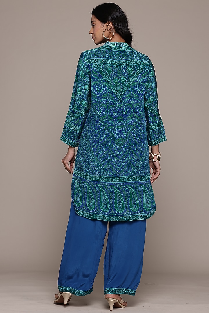 Royal Blue & Turquoise Viscose Floral Kurta by Ritu Kumar at Pernia's Pop Up Shop