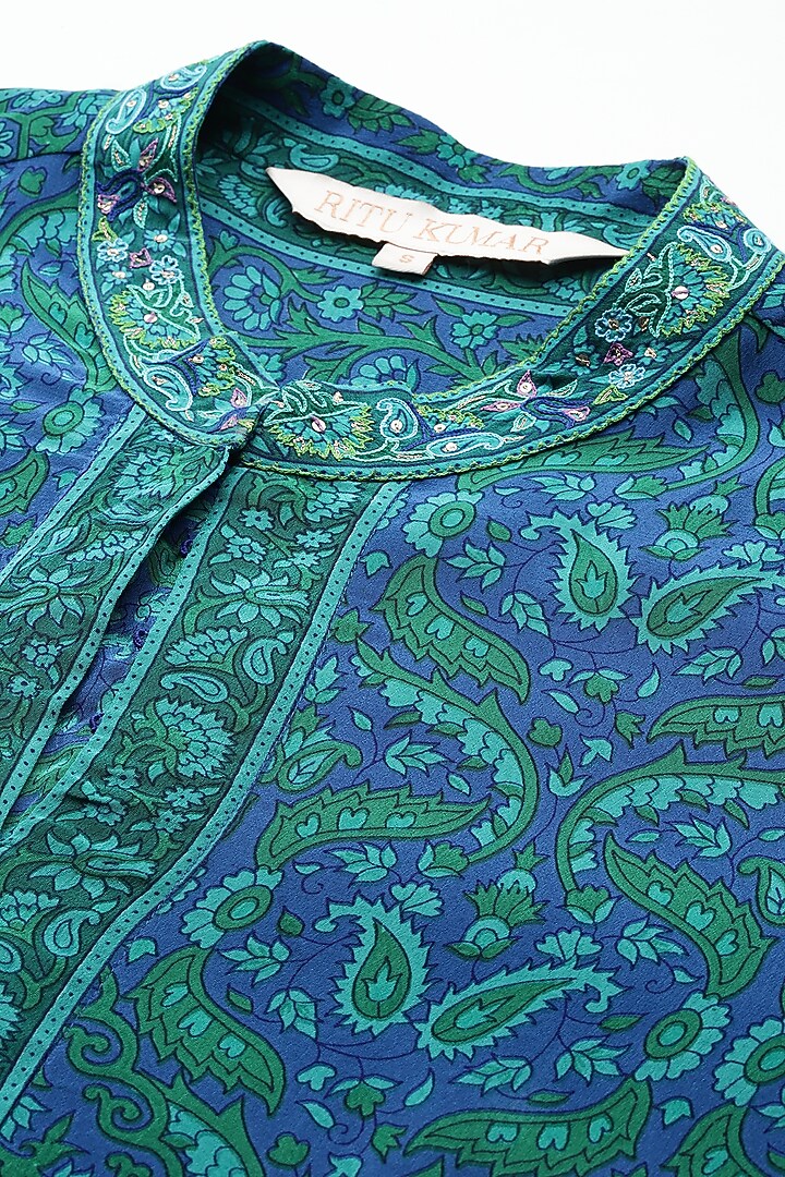Royal Blue & Turquoise Viscose Floral Kurta by Ritu Kumar at Pernia's Pop Up Shop