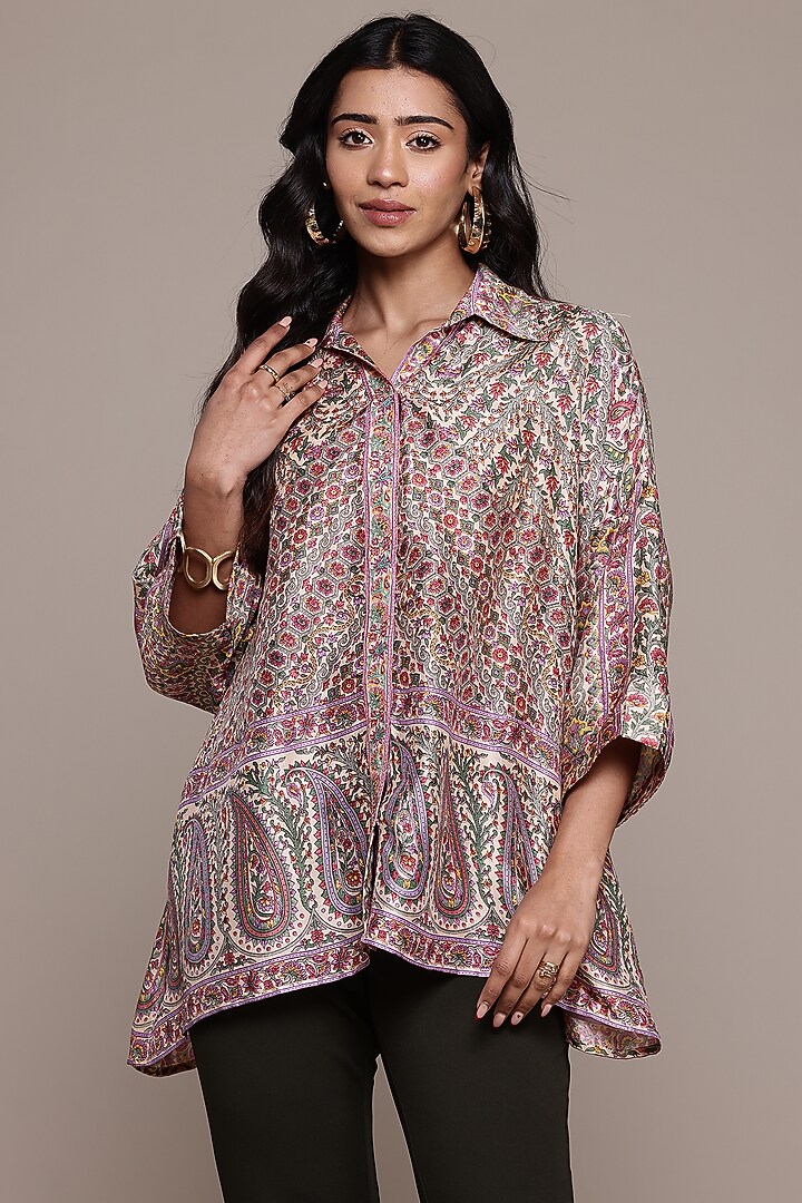 Off-White & Multi-Colored Silk Floral Kurta by Ritu Kumar at Pernia's Pop Up Shop