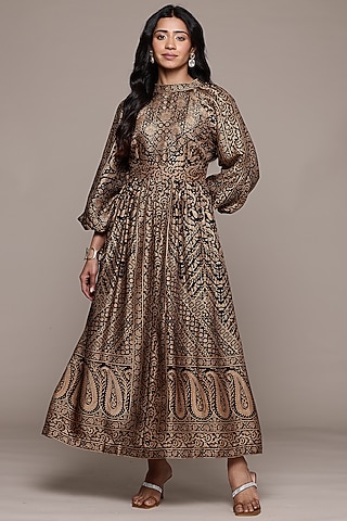 Black & Beige Silk Maxi Dress by Ritu Kumar