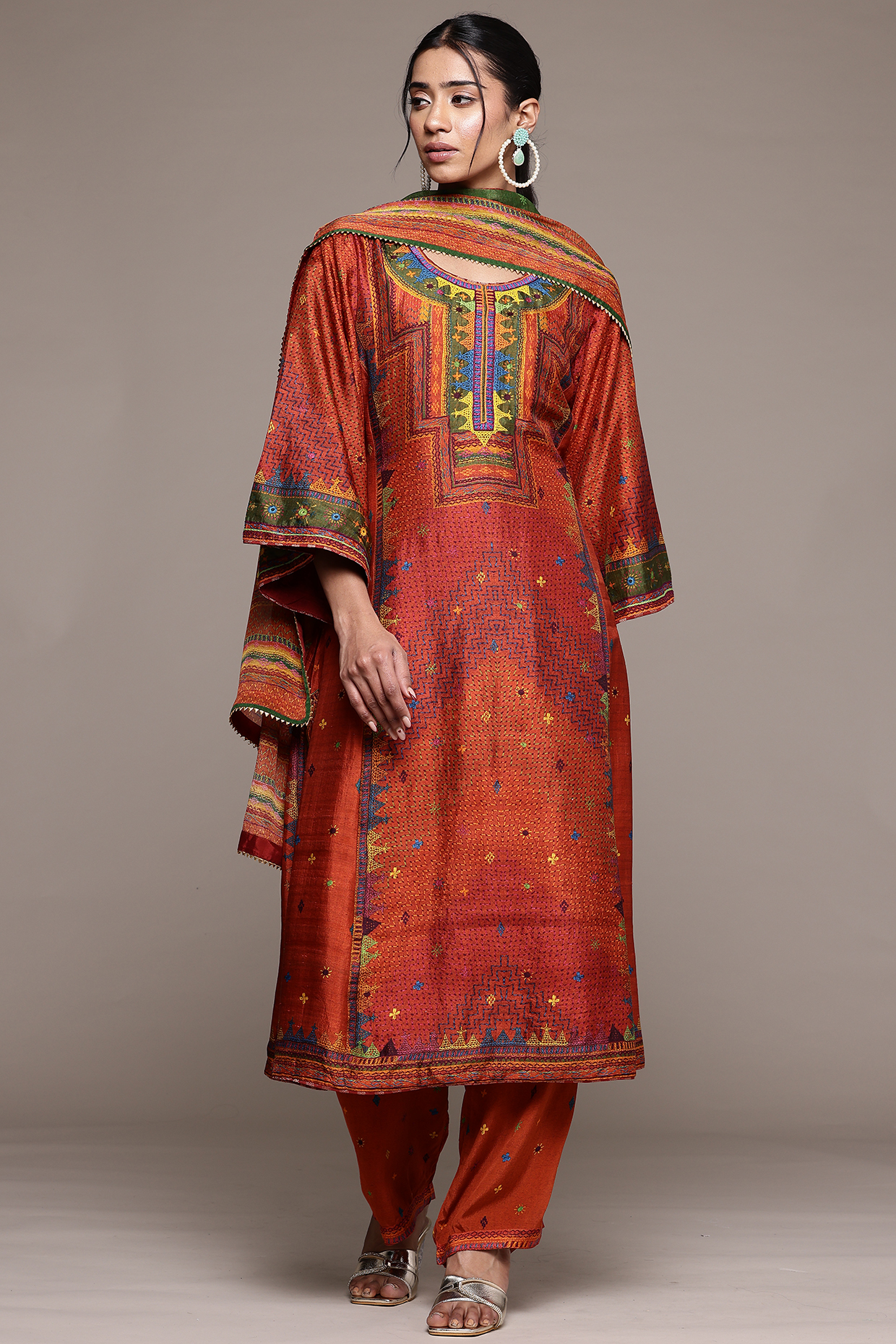 Brick & Multi-Colored Silk Kurta Set by Ritu Kumar at Pernia's Pop Up Shop
