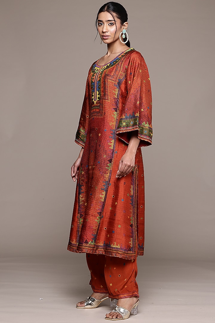 Brick & Multi-Colored Silk Kurta Set by Ritu Kumar at Pernia's Pop Up Shop