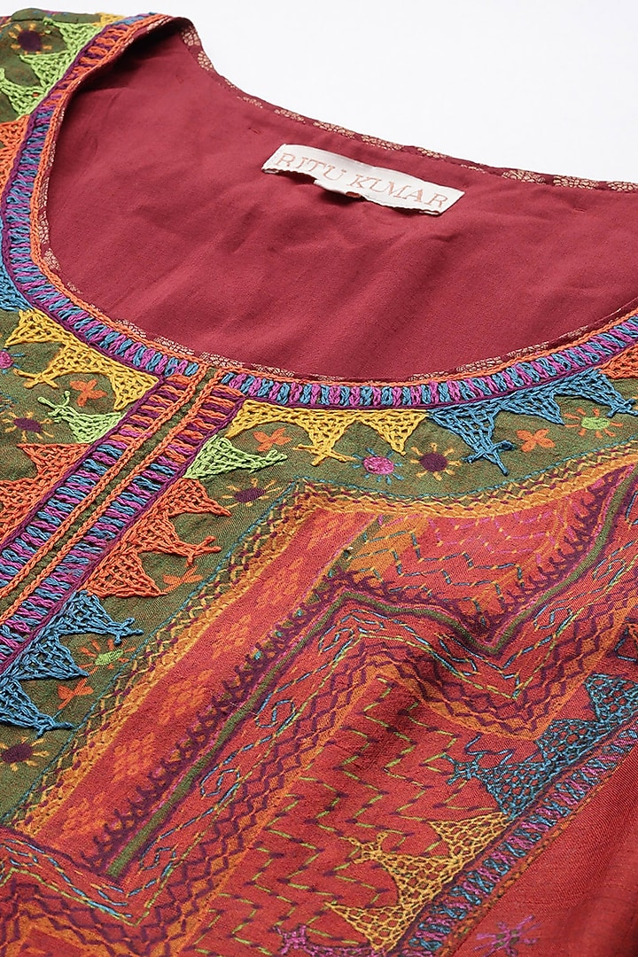 Brick & Multi-Colored Silk Kurta Set by Ritu Kumar at Pernia's Pop Up Shop