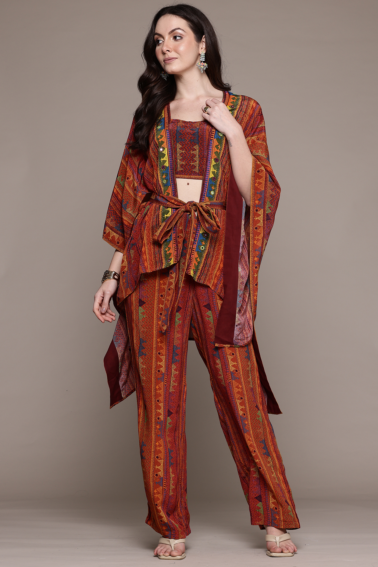 Brick & Multi-Colored Rayon Crepe Cape Set by Ritu Kumar at Pernia's Pop Up Shop