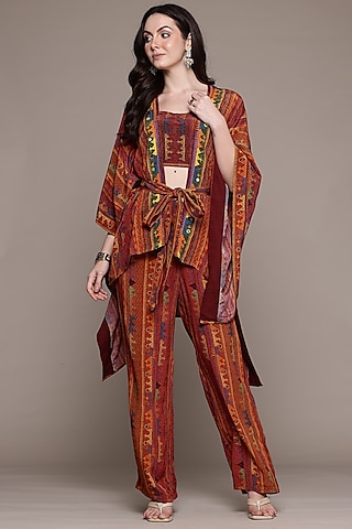 Brick & Multi-Colored Rayon Crepe Cape Set by Ritu Kumar