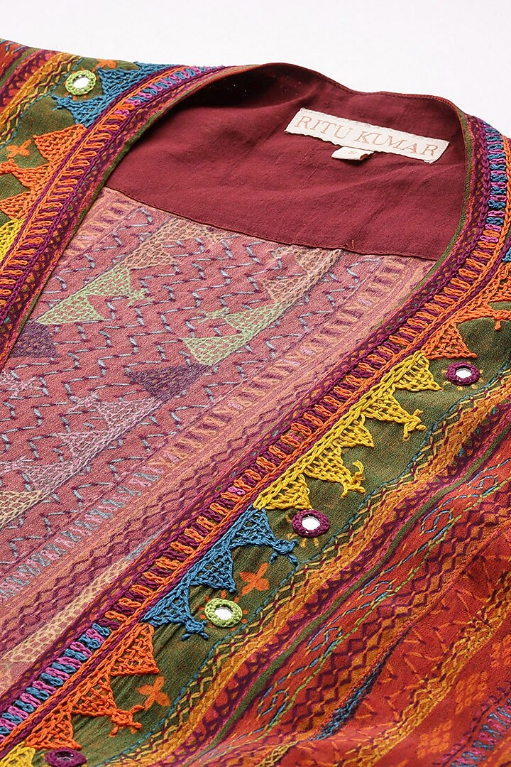Brick & Multi-Colored Rayon Crepe Cape Set by Ritu Kumar at Pernia's Pop Up Shop