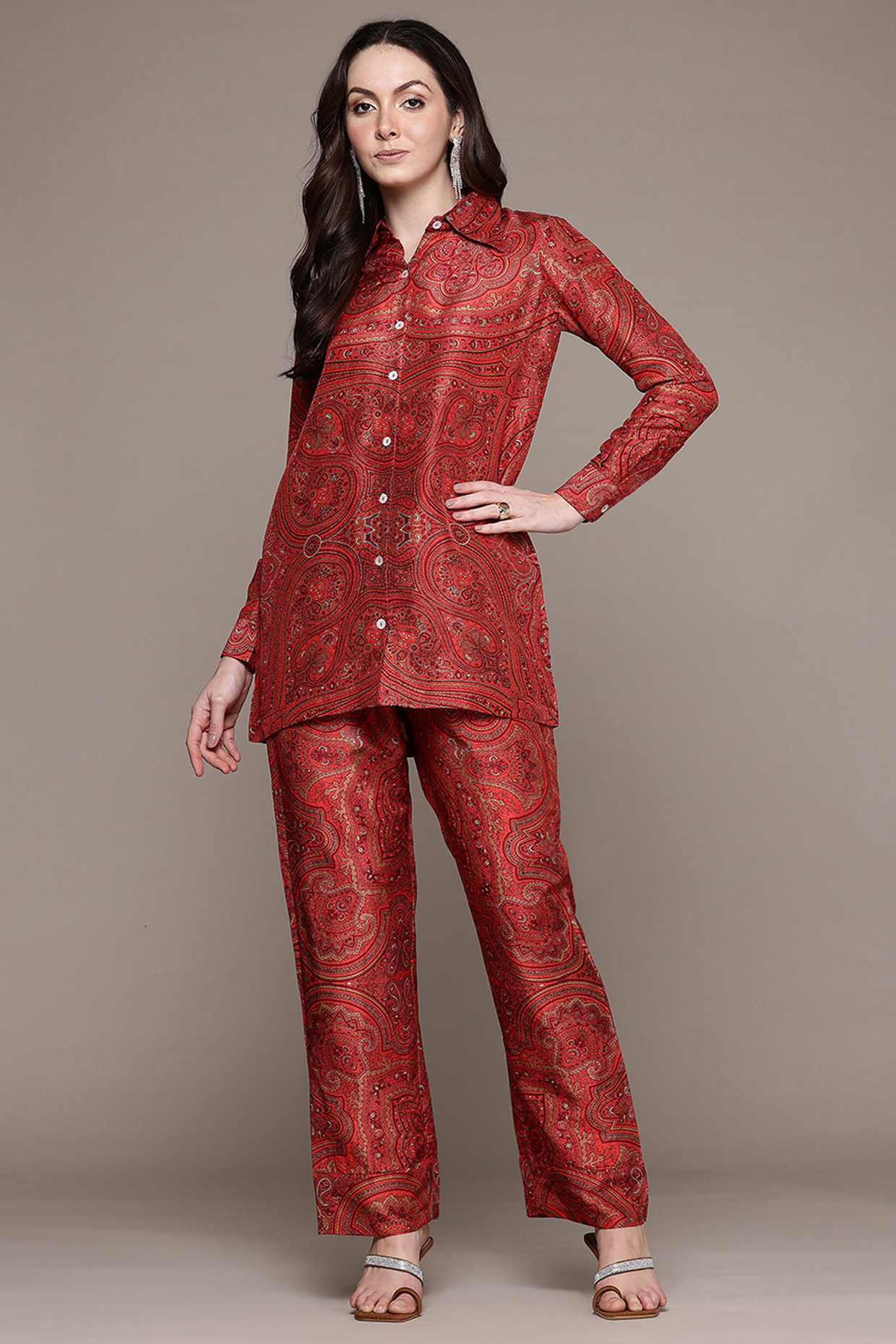 Red & Multi-Colored Flat Dupion Brocade Jamawar Kurta Set by Ritu Kumar at Pernia's Pop Up Shop