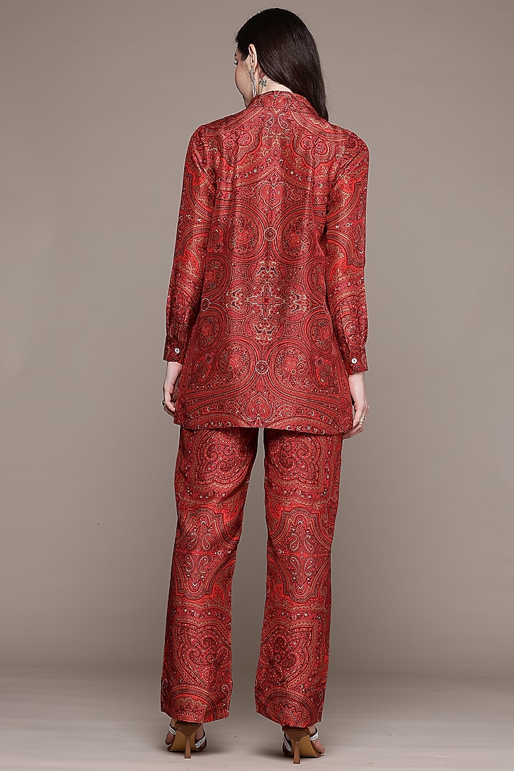 Red & Multi-Colored Flat Dupion Brocade Jamawar Kurta Set by Ritu Kumar at Pernia's Pop Up Shop