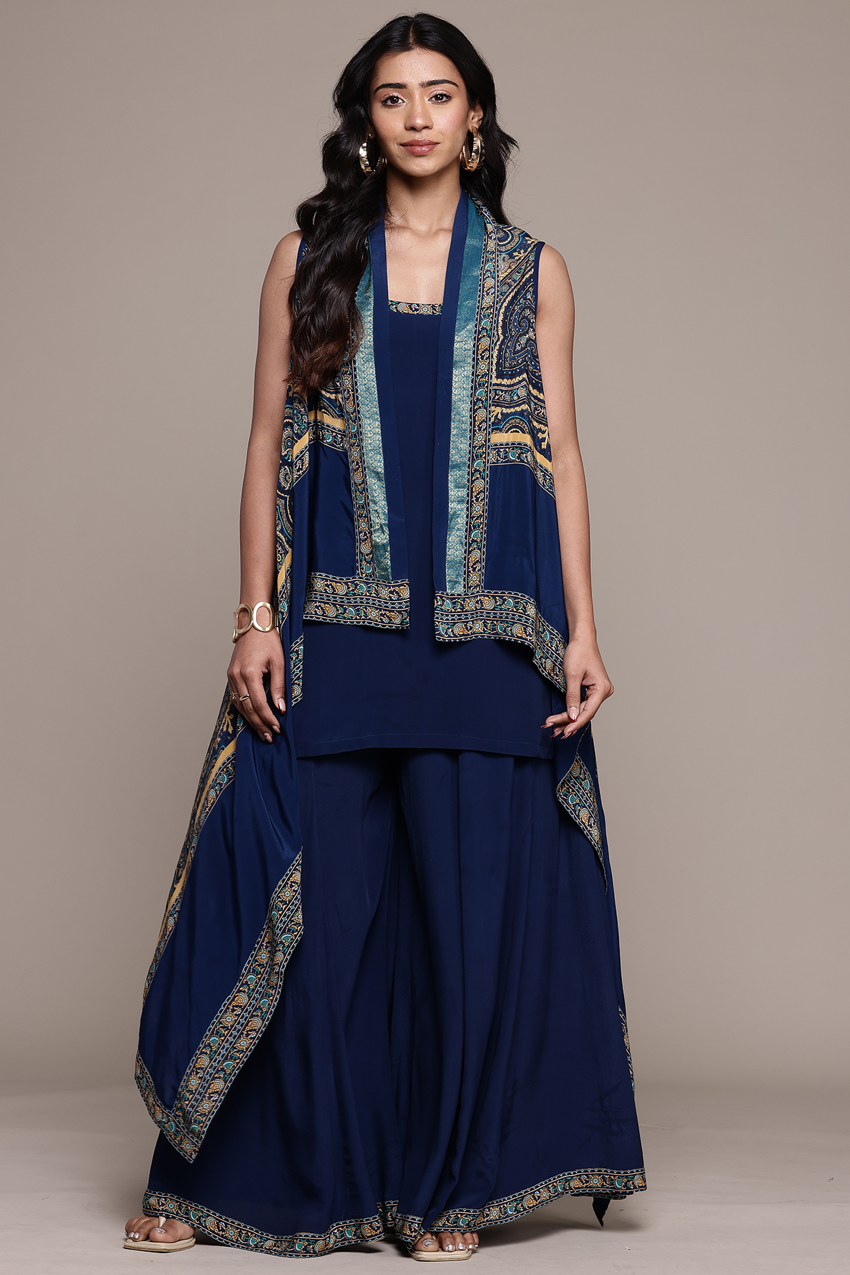 Blue & Beige Viscose Brocade Jamawar Cape Set by Ritu Kumar at Pernia's Pop Up Shop