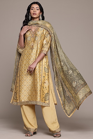 Lemon Yellow Silk Chanderi Kurta Set by Ritu Kumar