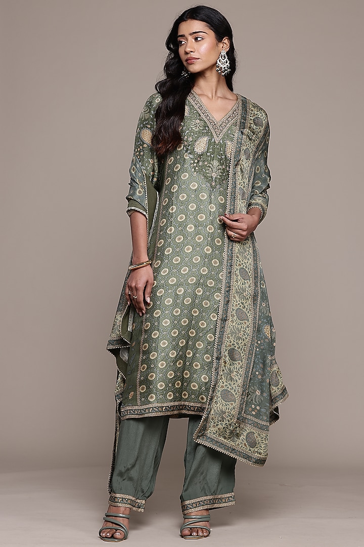 Khaki Murshidabad Silk Kurta Set by Ritu Kumar at Pernia's Pop Up Shop