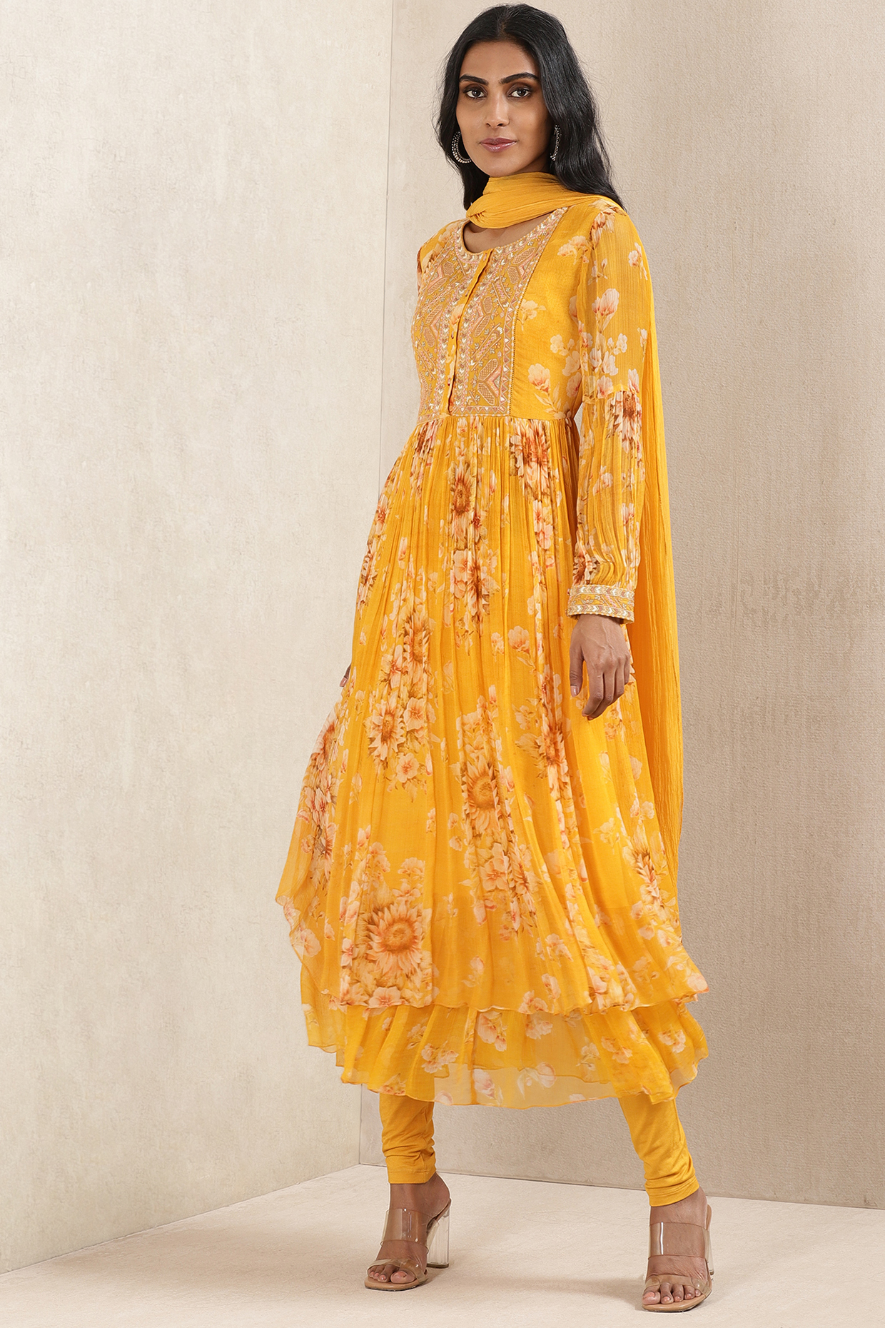 Yellow Viscose Chiffon Printed Kurta Set by Ritu Kumar at Pernia's Pop Up Shop