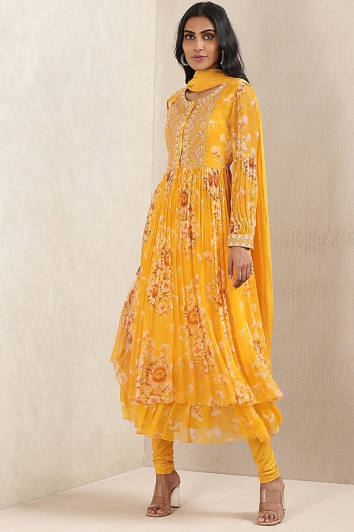 Yellow Viscose Chiffon Printed Kurta Set by Ritu Kumar at Pernia's Pop Up Shop