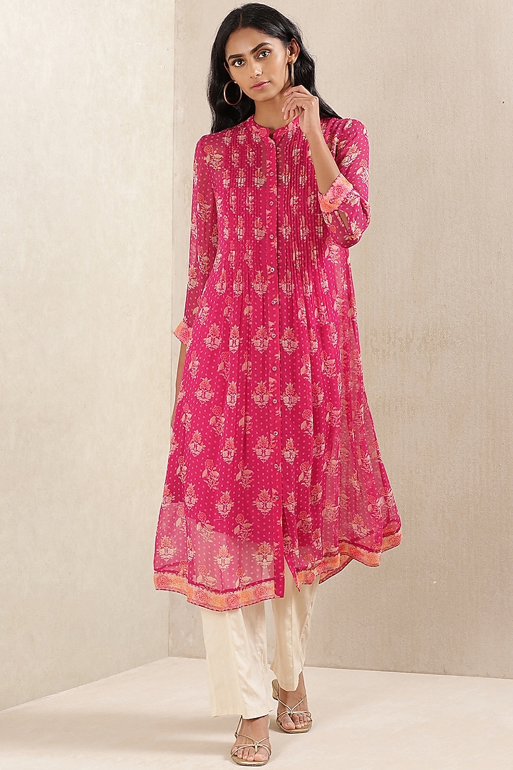 Pink Floral Printed Kurta With Camisole by Ritu Kumar