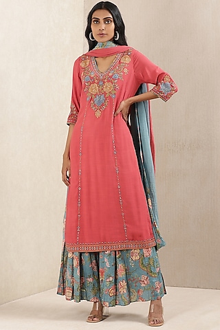 Red Embroidered Kurta Set by Ritu Kumar