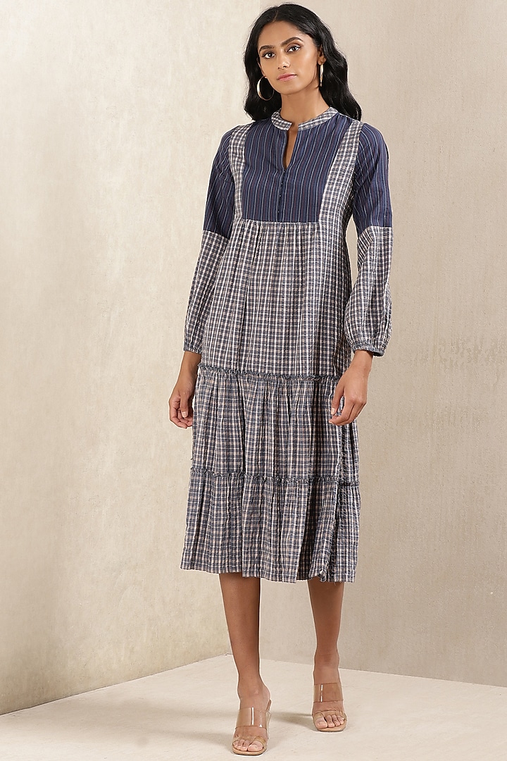 Midnight Blue Cotton Checkered Printed Midi Dress by Ritu Kumar at Pernia's Pop Up Shop