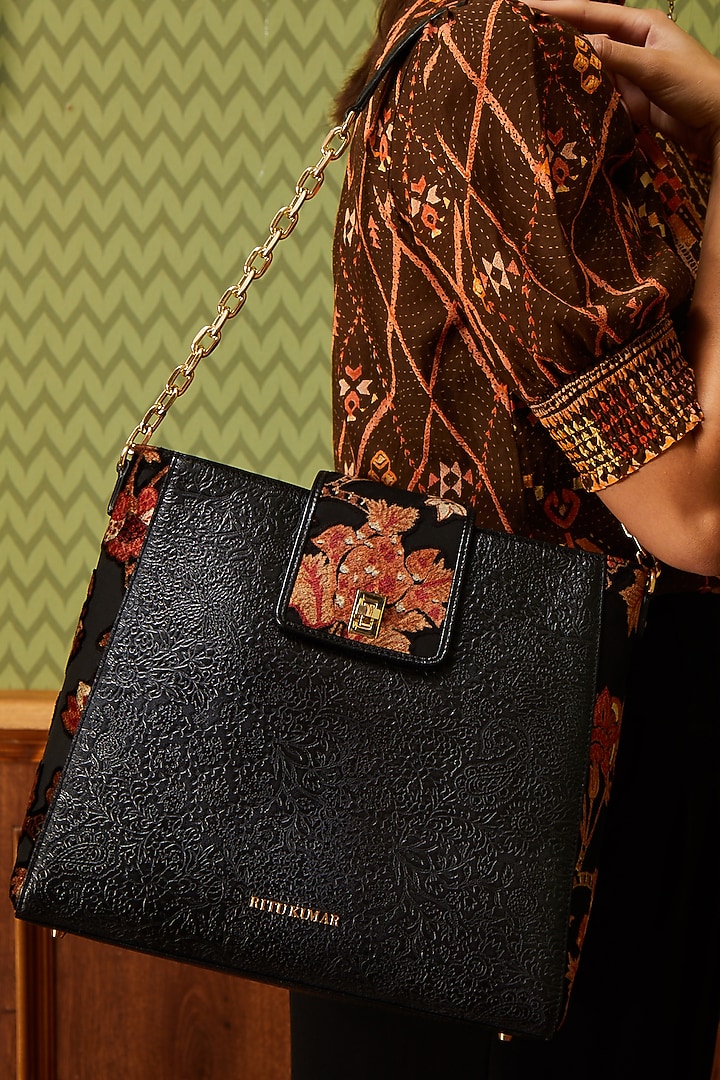 Black Printed Tote Bag by Ritu Kumar at Pernia's Pop Up Shop