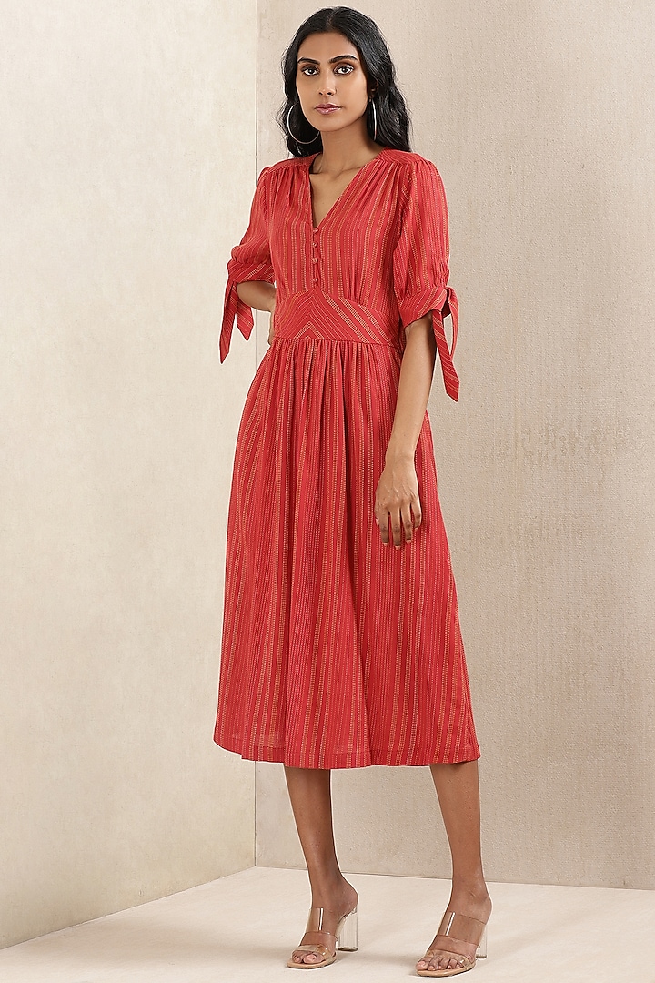 Red Cotton Midi Dress by Ritu Kumar