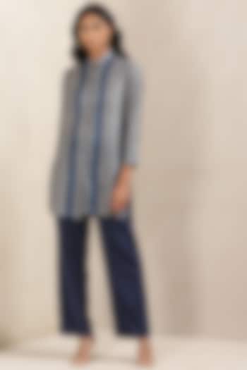 Navy Blue Textured Cotton Dobby Straight Palazzo Pants by Ritu Kumar at Pernia's Pop Up Shop