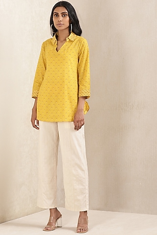Beige Cotton Dobby Palazzo Pants by Ritu Kumar