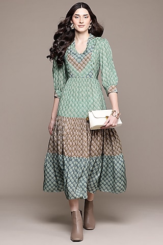 Green Viscose Silk Screen Printed A-Line Maxi Dress by Ritu Kumar