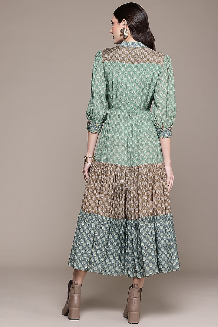Green Viscose Silk Screen Printed A-Line Maxi Summer Dress by Ritu Kumar at Pernia's Pop Up Shop