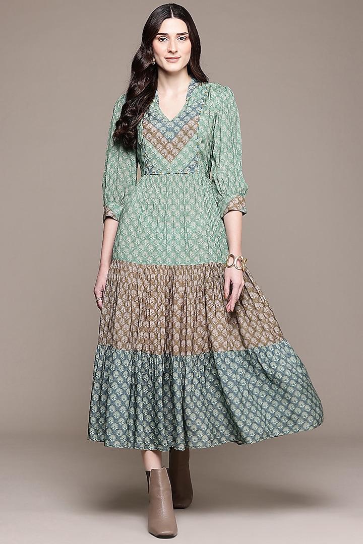 Green Viscose Silk Screen Printed A-Line Maxi Summer Dress by Ritu Kumar at Pernia's Pop Up Shop